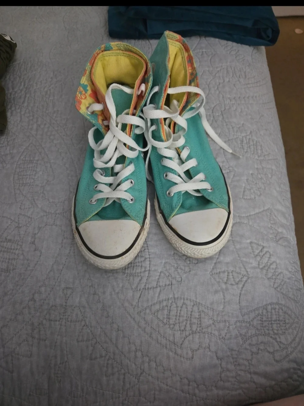 Converse Kids High-Top Sneakers in Teal with Floral Cuff